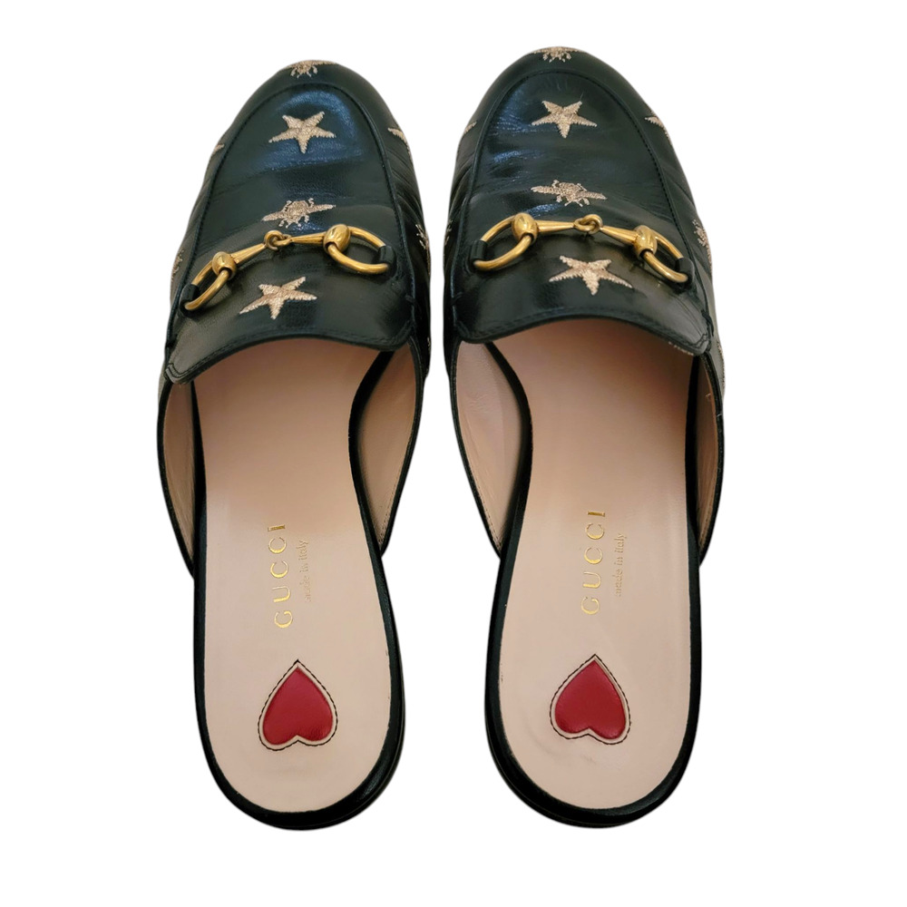 Gucci Bee Star Black Leather Horsebit Princetown Loafers Slides Flats Mules 7 37 - Picture 8 of 11